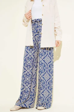 Printed Wide Leg Elastic Waist Pants Navy Blue