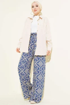 منظر بديل لـ Printed Wide Leg Elastic Waist Pants Navy Blue