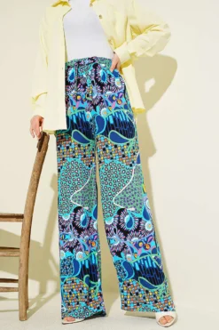 Printed Wide Leg Elastic Waist Pants Blue