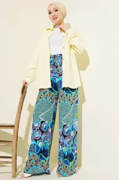 منظر بديل لـ Printed Wide Leg Elastic Waist Pants Blue