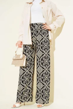 Printed Wide Leg Elastic Waist Pants Black