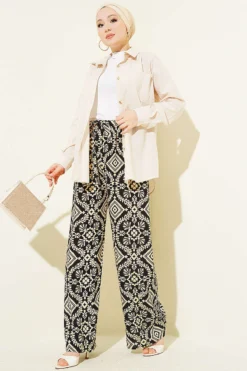 منظر بديل لـ Printed Wide Leg Elastic Waist Pants Black