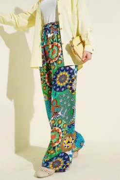 Printed Wide Leg Elastic Waist Pants Green