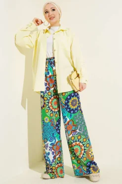 منظر بديل لـ Printed Wide Leg Elastic Waist Pants Green