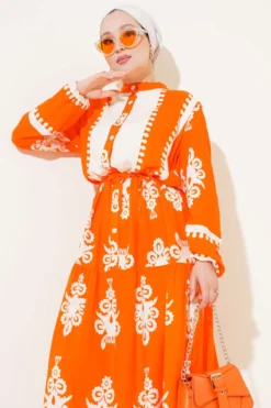Printed Tie Belt Buttoned Viscose Dress Orange en gros dress view 2 - Hicabistan usine Turquie