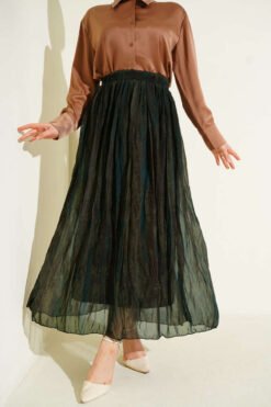 Printed Crinkled Chiffon Skirt Khaki wholesale skirt - Hicabistan Turkey factory
