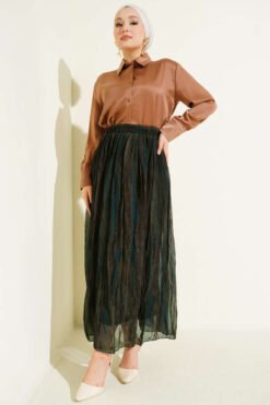 Printed Crinkled Chiffon Skirt Khaki wholesale skirt view 2 - Hicabistan Turkey factory