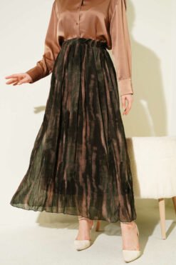 Printed Crinkled Chiffon Skirt Brown wholesale skirt - Hicabistan Turkey factory