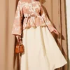 Patterned Belted Double Skirt Set Beige en gros clothing set - Hicabistan usine Turquie