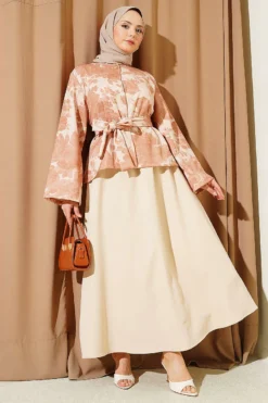 Patterned Belted Double Skirt Set Beige