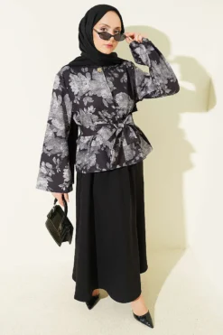 Patterned Belted Double Skirt Set Black