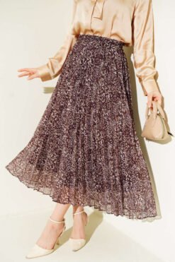 Printed Pleated Elastic Waist Skirt Brown wholesale skirt - Hicabistan Turkey factory