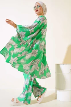 Printed Loose Kimono Two-Piece Set Green