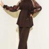 Patterned Satin Sleeved Loisha Two-Piece Set Brown