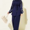 Patterned Satin Sleeved Loisha Two-Piece Set Navy Blue