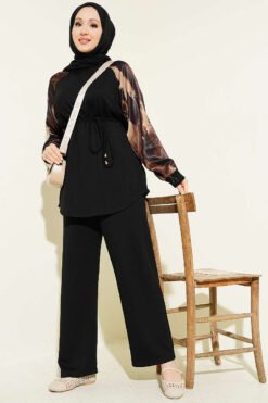 Patterned Satin Sleeved Loisha Two-Piece Set Black groothandel clothing set - Hicabistan Turkije fabriek