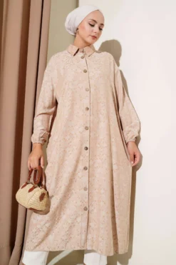 Patterned Long Shirt with Wooden Buttons Beige