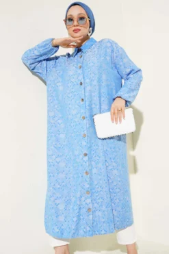 Patterned Long Shirt with Wooden Buttons Blue