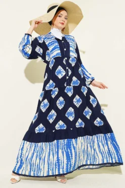 Printed Ruffled Half Button Dress Blue