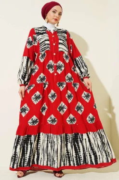 Printed Ruffled Half Button Dress Black