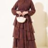Printed Ruffled Belted Dress Brown Großhandel dress - Hicabistan Türkei Fabrik