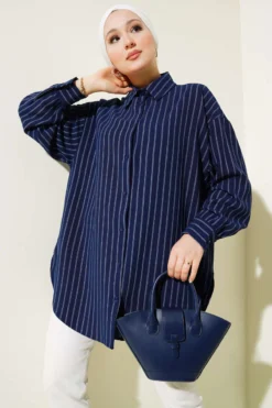 Vertical Striped Oversized Shirt Navy Blue