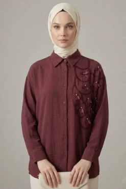 Textured Crepe Floral Shirt Burgundy en gros shirt - Hicabistan usine Turquie