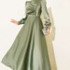 Draped Beaded Satin Evening Dress Khaki wholesale dress - Hicabistan Turkey factory