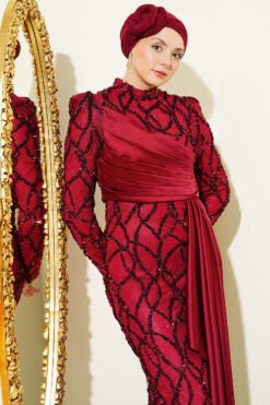 Draped Sequin Embellished Evening Dress Burgundy en gros dress view 2 - Hicabistan usine Turquie