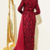 Draped Sequin Embellished Evening Dress Burgundy Großhandel dress view 3 - Hicabistan Türkei Fabrik
