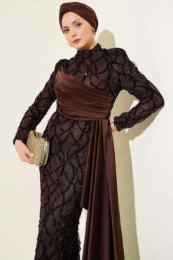 Draped Sequin Embellished Evening Dress Brown wholesale dress view 2 - Hicabistan Turkey factory