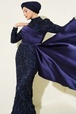 Draped Sequin Embellished Evening Dress Navy Blue Großhandel dress view 2 - Hicabistan Türkei Fabrik