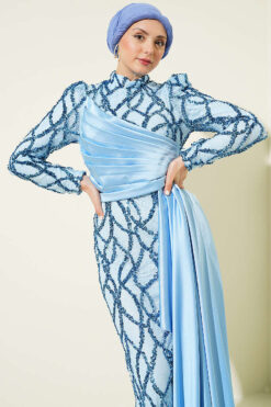 Draped Sequin Embellished Evening Dress Blue Großhandel dress view 2 - Hicabistan Türkei Fabrik