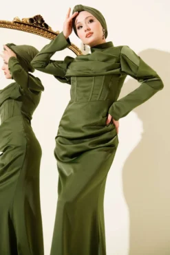 Alternative view of Draped Satin Evening Dress Khaki