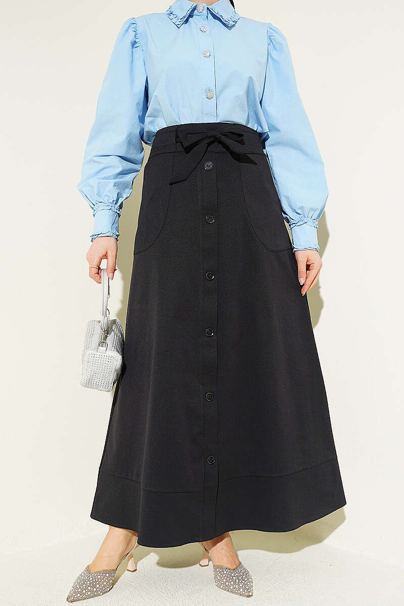 Button-Style Tied Skirt Black groothandel skirt - Hicabistan Turkije fabriek