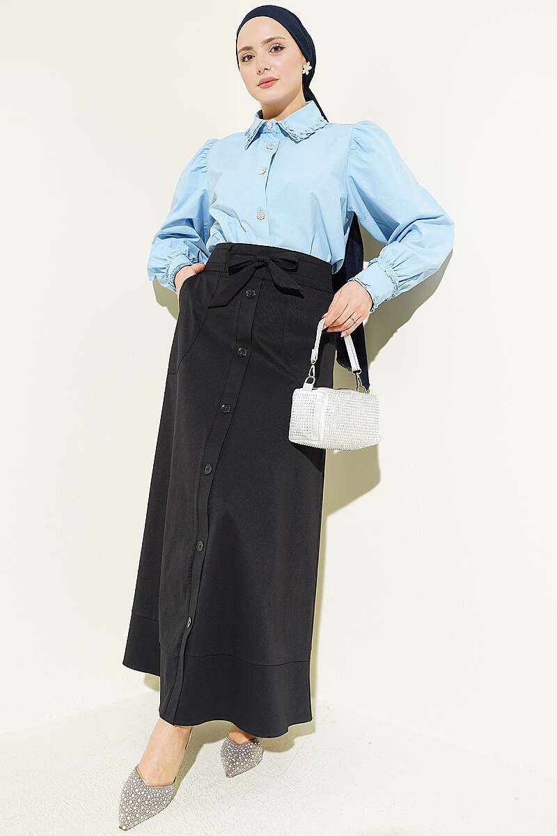Button-Style Tied Skirt Black groothandel skirt view 2 - Hicabistan Turkije fabriek