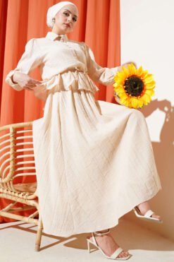 Buttoned Ruffled Skirt Set Beige