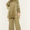 Buttoned Jacquard Patterned Loose Two-Piece Set Khaki