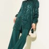 Buttoned Jacquard Patterned Loose Two-Piece Set Emerald