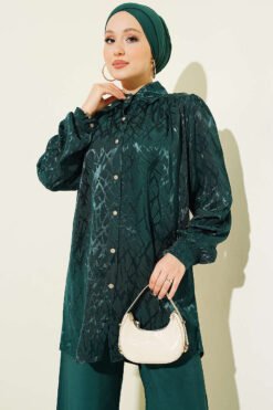 Vista alternativa di Buttoned Jacquard Patterned Loose Two-Piece Set Emerald