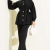 Buttoned Sleeve Pleated Two-Piece Set Black