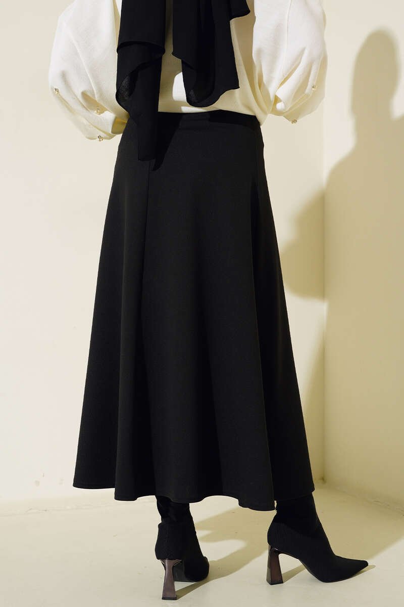 Plain Flared Skirt Black all'ingrosso skirt view 3 - Hicabistan fabbrica Turchia