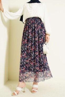 Marbled Floral Tulle Skirt Navy Blue wholesale skirt - Hicabistan Turkey factory