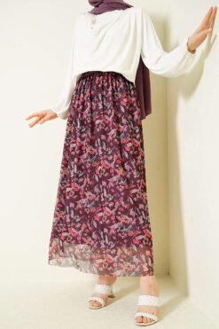 Marbled Floral Tulle Skirt Plum wholesale skirt - Hicabistan Turkey factory