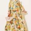 Marbled Rose Pattern Dress Yellow