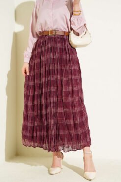 Checkered Wrinkled Chiffon Skirt Burgundy Großhandel skirt - Hicabistan Türkei Fabrik