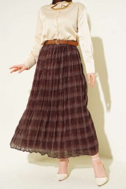 Checkered Wrinkled Chiffon Skirt Brown Großhandel skirt - Hicabistan Türkei Fabrik