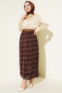 Checkered Wrinkled Chiffon Skirt Brown Großhandel skirt view 2 - Hicabistan Türkei Fabrik