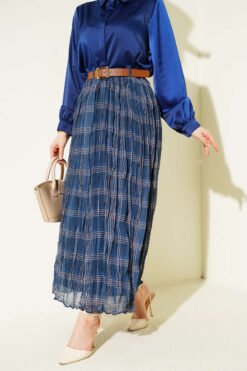 Checkered Wrinkled Chiffon Skirt Navy Blue Großhandel skirt - Hicabistan Türkei Fabrik