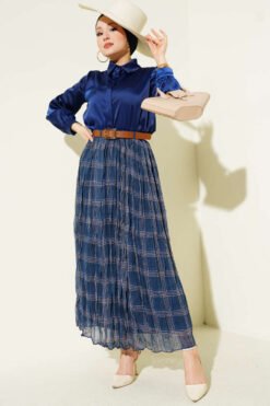 Checkered Wrinkled Chiffon Skirt Navy Blue Großhandel skirt view 2 - Hicabistan Türkei Fabrik